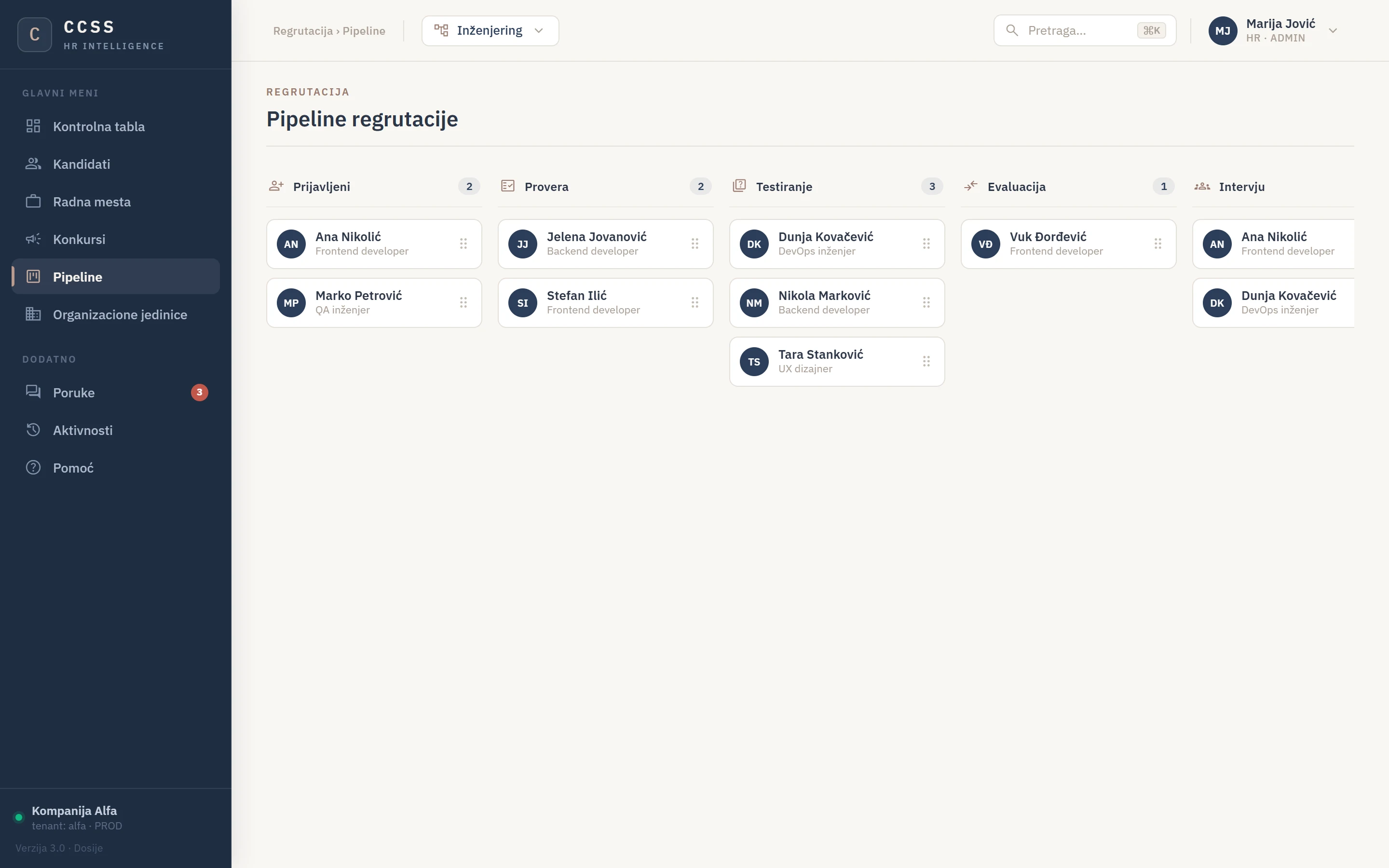 Kanban tabla pipeline-a regrutacije po fazama